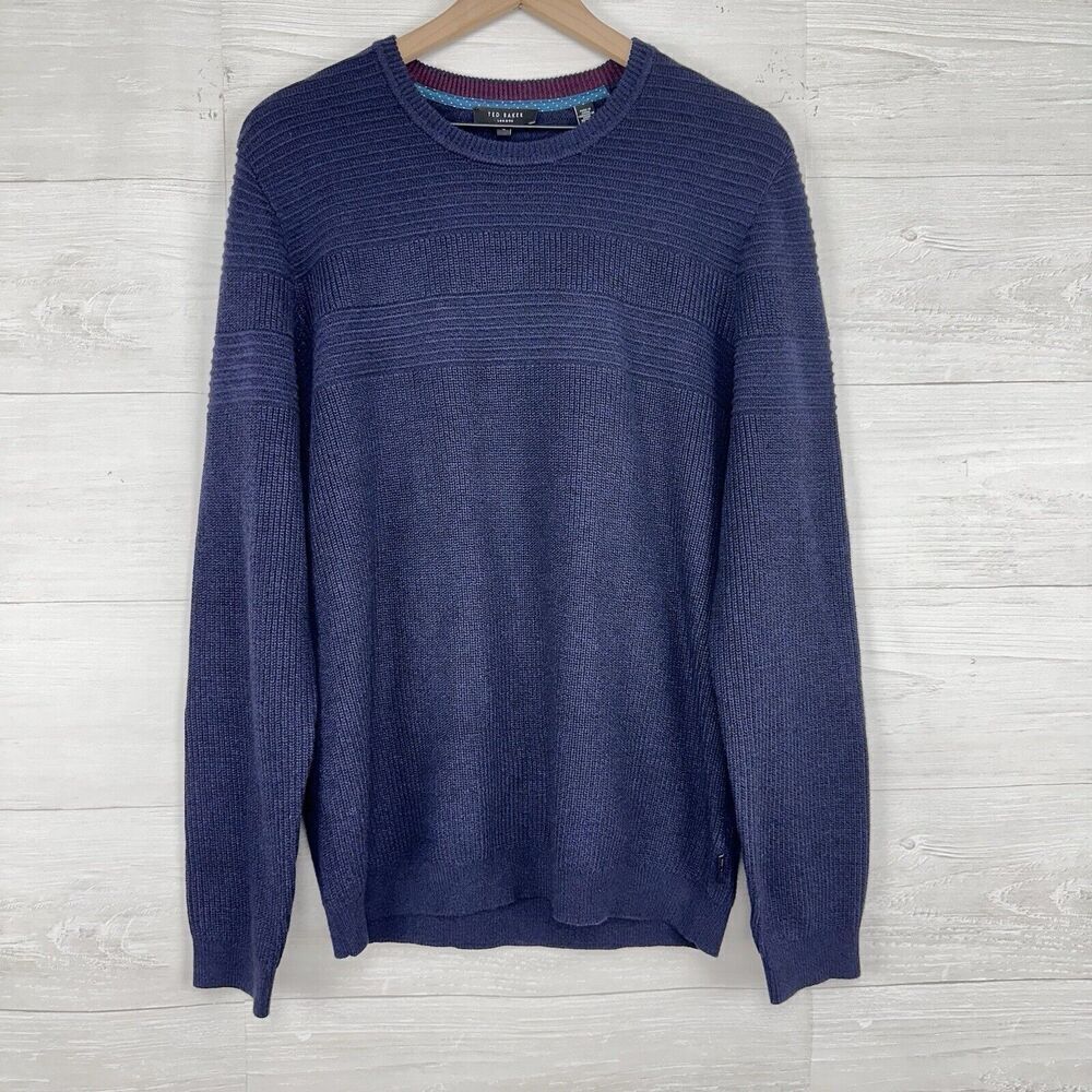 Ted‎ Baker London Men’s Sweater L Navy Blue Wool Blend Crew Neck Knit Pullover